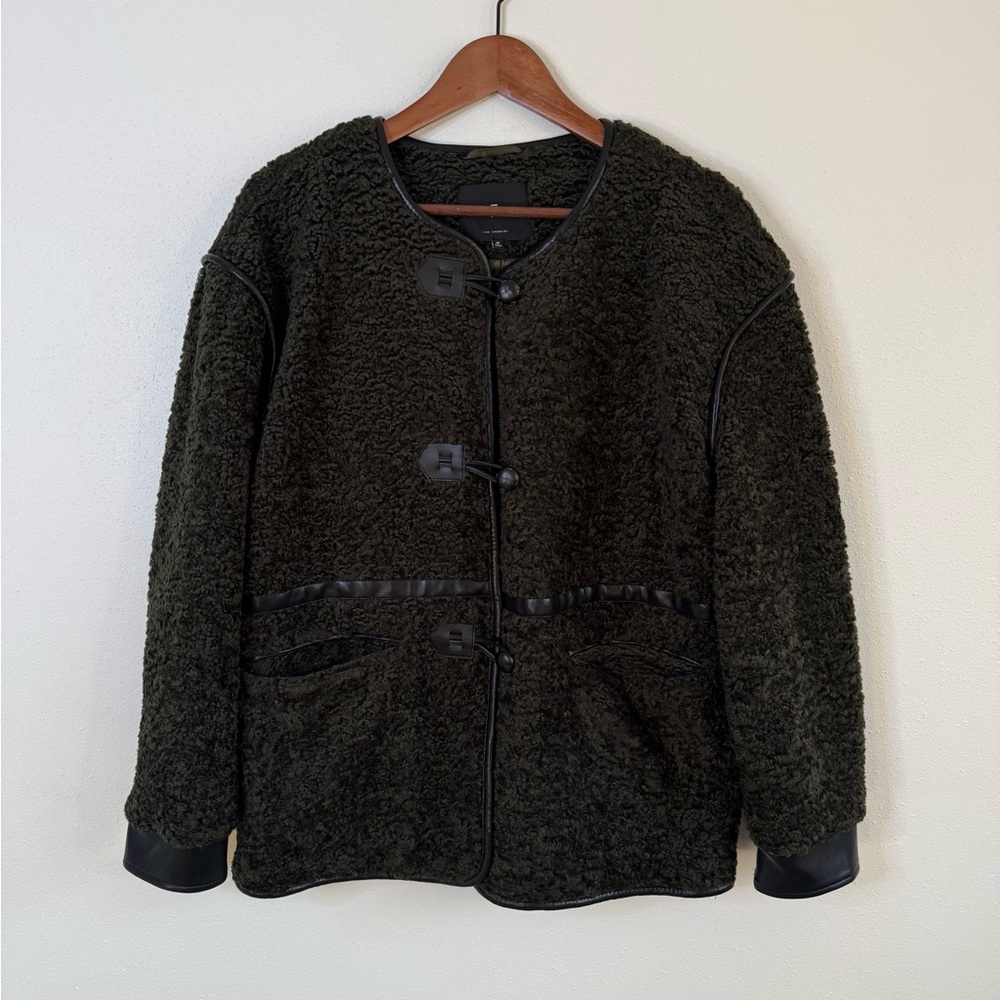 7 For All Mankind Sherpa Teddy Jacket Olive Faux Leather Trim M